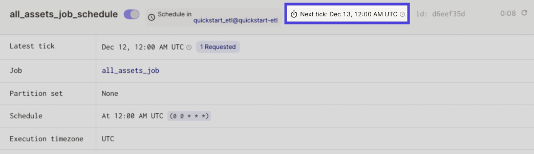 Next tick attribute highlighted on Schedule details page in the Dagster UI