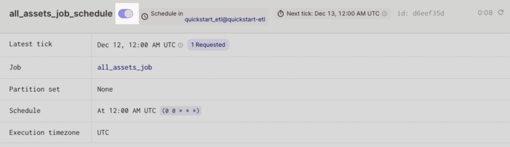 Start/stop toggle for schedules in Code Locations tab in the Dagster UI