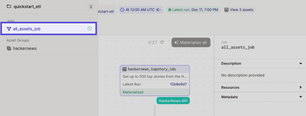 Started schedule icon next to schedule in left sidenav in the Dagster UI