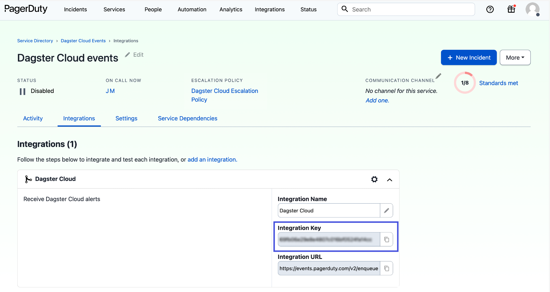 Highlighted integration key field in the PagerDuty UI