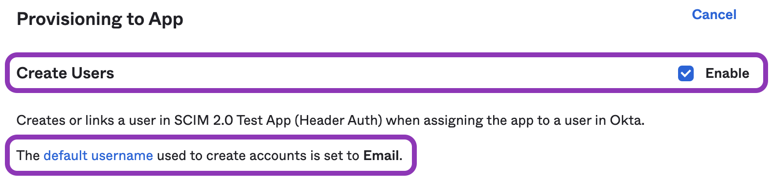 Highlighted Create users setting and default username setting in Okta