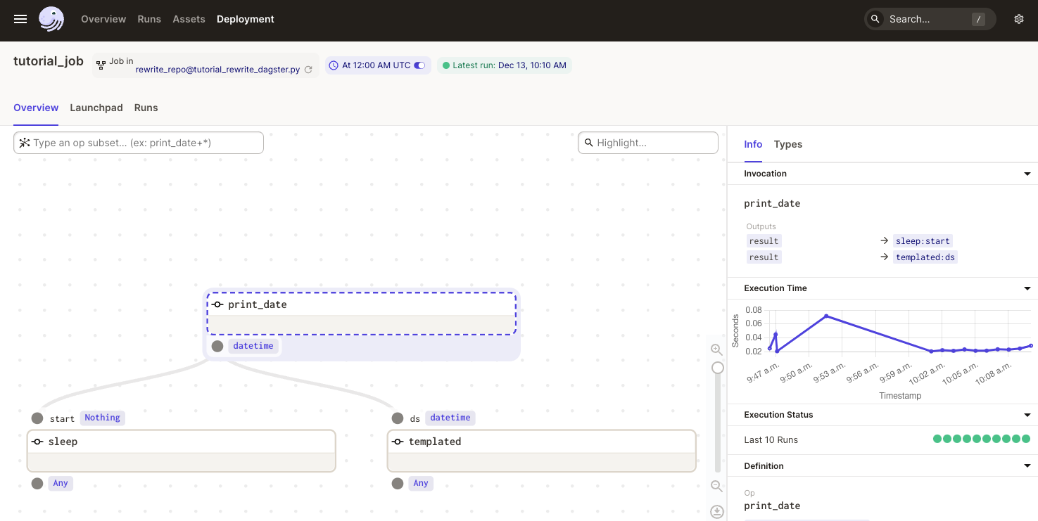 Screenshot of the dagster UI, showing the newly created graph of tutorial Ops