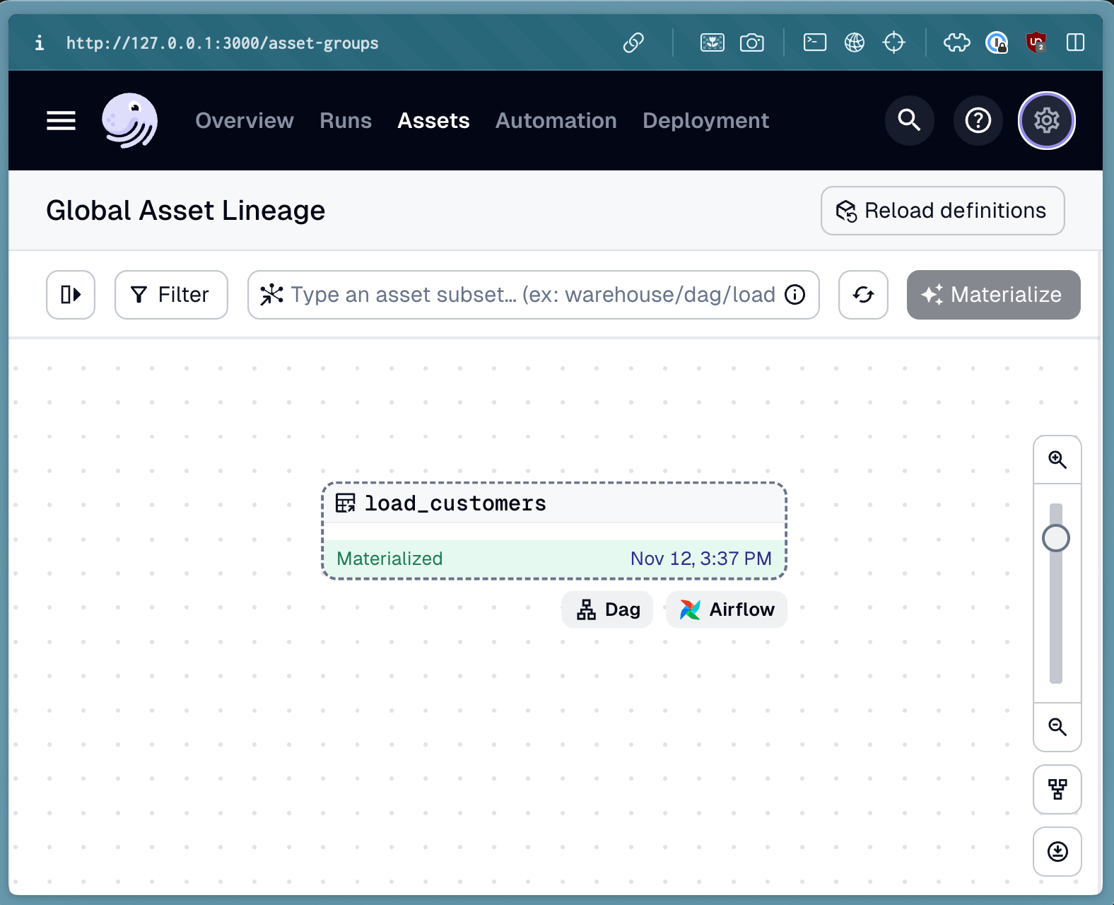 Materialization of the load_customers DAG in the Dagster UI